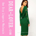 Lace with Cowl Back and Split Green Sexy MIDI Dress